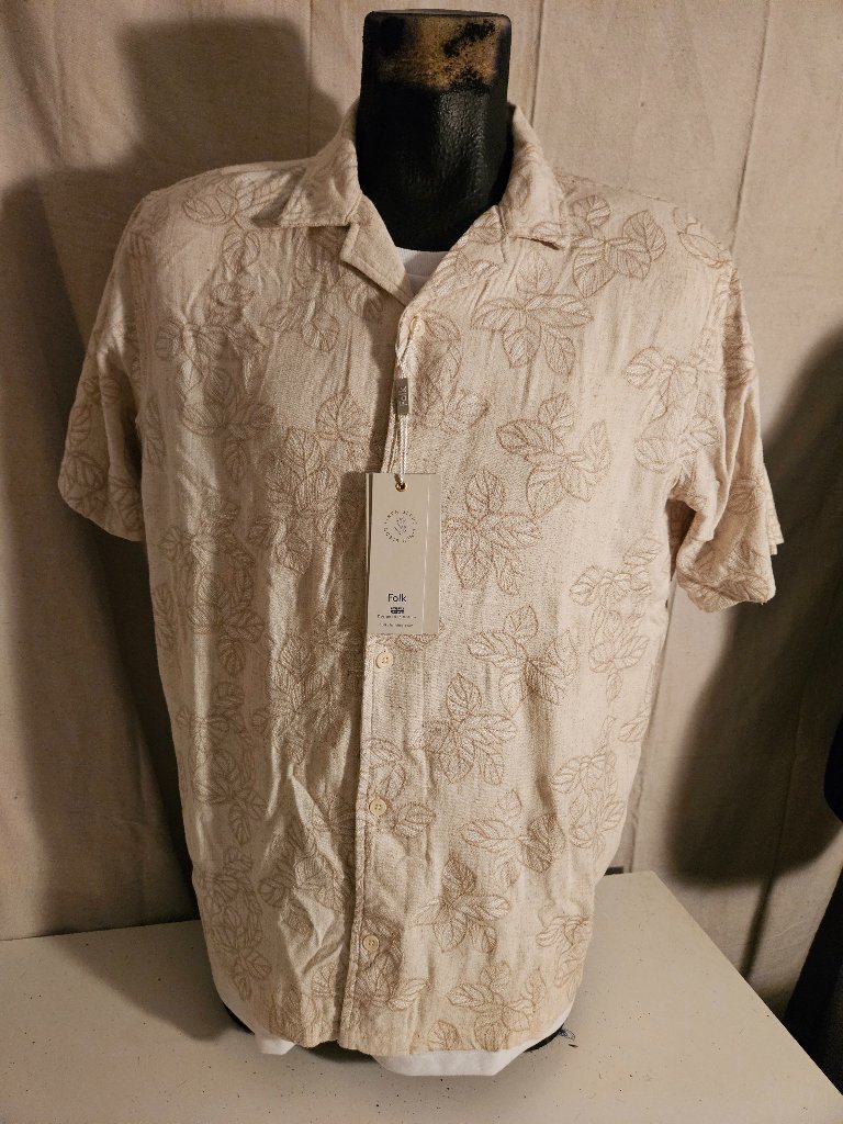 Men's Linen Blend Folk Clothing Brand Hawaiian Style Camp Shirt Size Large New